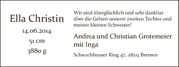Babyanzeige von Ella Christin Grotemeier von WESER-KURIER