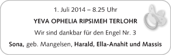 Babyanzeige von Yeva Ophelia Ripsimeh Terlohr von WESER-KURIER