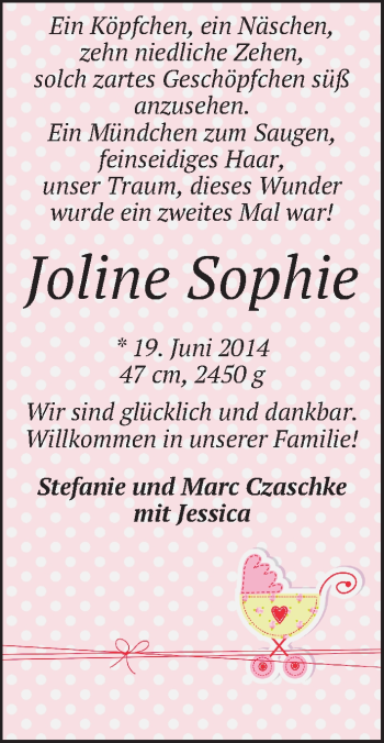 Babyanzeige von Joline Sophie Czaschke von WESER-KURIER