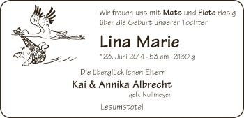 Babyanzeige von Lina Marie Albrecht von WESER-KURIER