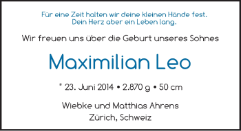Babyanzeige von Maximilian Leo Ahrens von WESER-KURIER