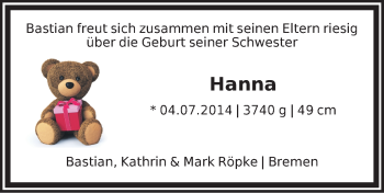 Babyanzeige von Hanna Röpke von WESER-KURIER