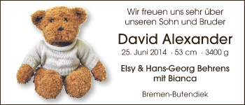 Babyanzeige von David Alexander Behrens von WESER-KURIER
