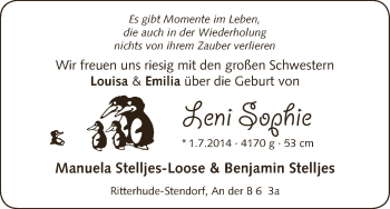 Babyanzeige von Leni Sophie  von WESER-KURIER