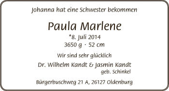 Babyanzeige von Paula Marlene Kandt von WESER-KURIER