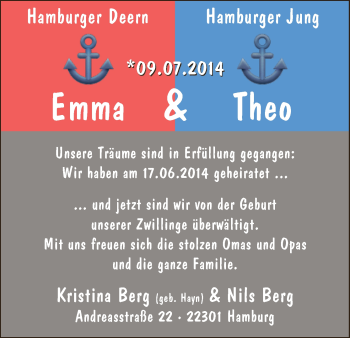 Babyanzeige von Emma und Theo  von WESER-KURIER