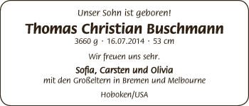 Babyanzeige von Thomas Christian Buschmann von WESER-KURIER