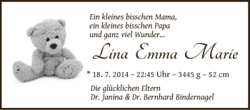 Babyanzeige von Lina Emma Marie  von WESER-KURIER