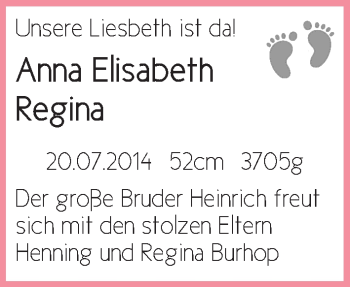 Babyanzeige von Anna Elisabeth Regina Burhop von WESER-KURIER