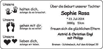Babyanzeige von Sophie Rosa  von WESER-KURIER