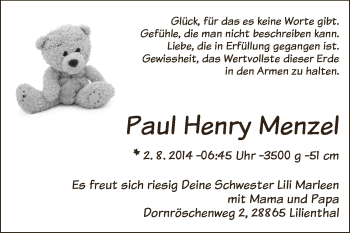 Babyanzeige von Paul Henry Menzel von WESER-KURIER