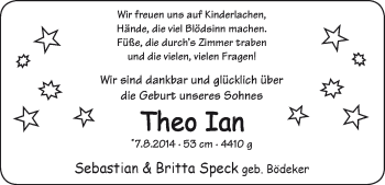 Babyanzeige von Theo Ian Speck von WESER-KURIER