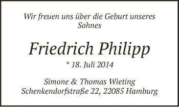 Babyanzeige von Friedrich Philipp Wieting von WESER-KURIER