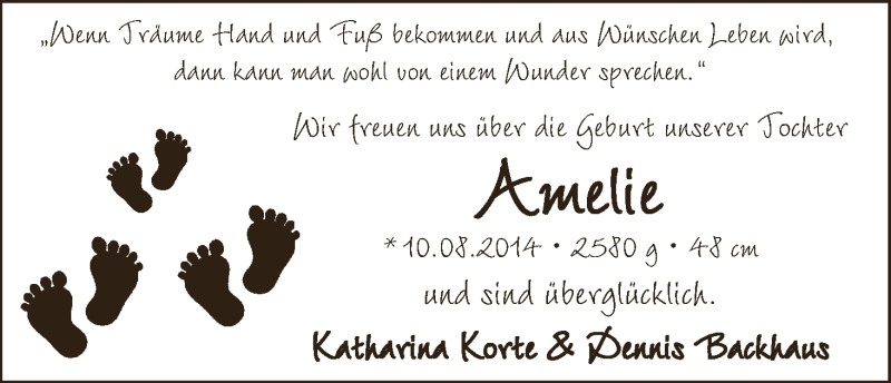 Anzeige für Amelie  vom 16.08.2014 aus WESER-KURIER