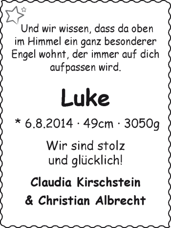 Babyanzeige von Luke  von WESER-KURIER