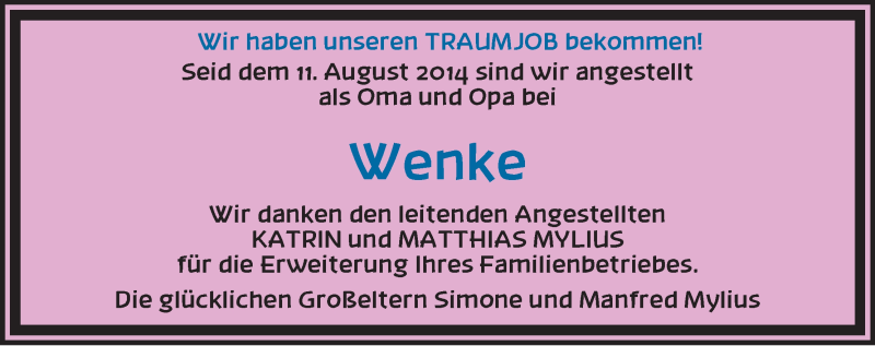 Anzeige für Wenke  vom 16.08.2014 aus WESER-KURIER