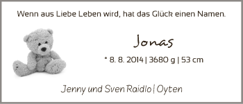 Babyanzeige von Jonas Raidlo von WESER-KURIER