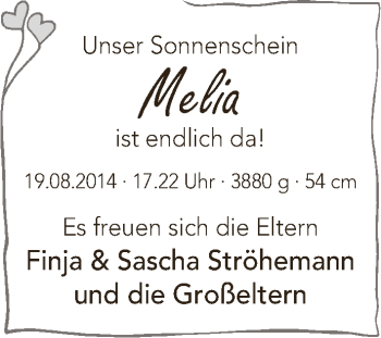 Babyanzeige von Melia Ströhemann von WESER-KURIER