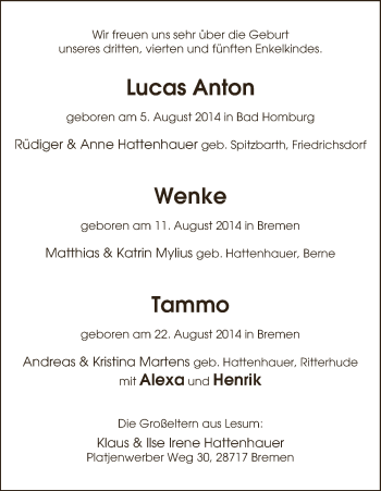 Babyanzeige von Lucas Anton und Wenke und Tammo  von WESER-KURIER