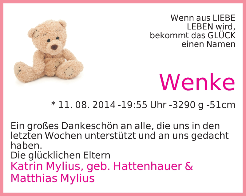 Anzeige für Wenke Mylius vom 27.08.2014 aus WESER-KURIER