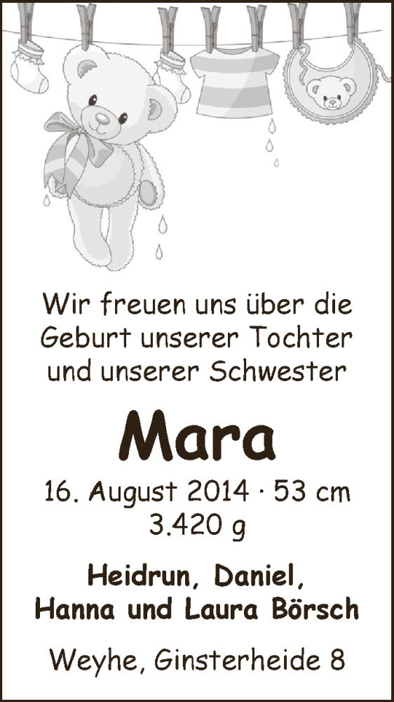 Anzeige für Mara Börsch vom 30.08.2014 aus WESER-KURIER
