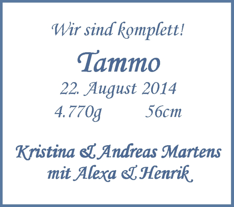 Anzeige für Tammo Martens vom 30.08.2014 aus WESER-KURIER