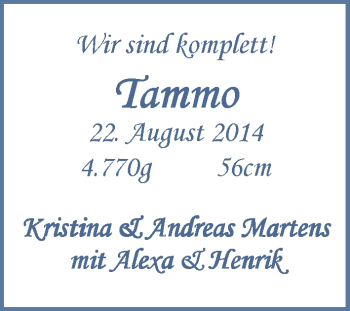 Babyanzeige von Tammo Martens von WESER-KURIER