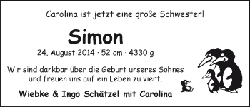 Babyanzeige von Simon Schätzel von WESER-KURIER