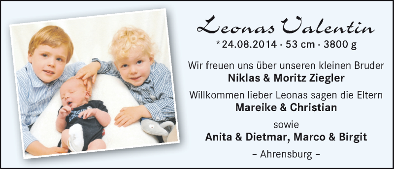 Anzeige für Leonas Valentin  vom 06.09.2014 aus WESER-KURIER