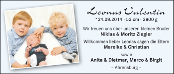 Babyanzeige von Leonas Valentin  von WESER-KURIER
