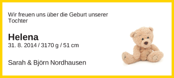 Babyanzeige von Helena Nordhausen von WESER-KURIER