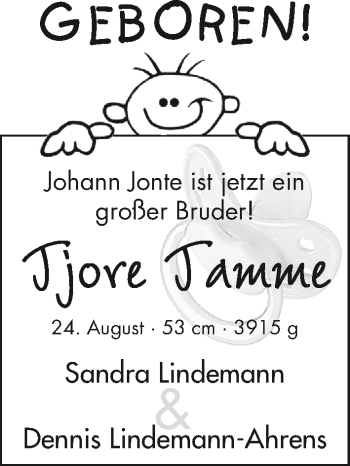 Babyanzeige von Tjore Tamme Lindemann von WESER-KURIER