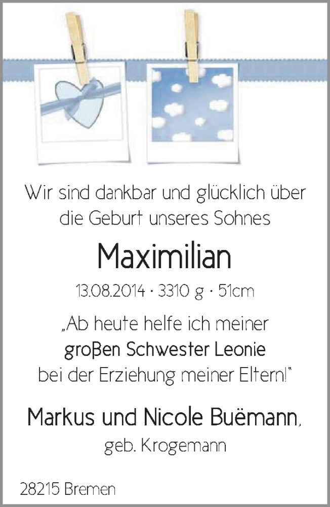 Anzeige für Maximilian Buemann vom 06.09.2014 aus WESER-KURIER