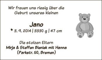 Babyanzeige von Jano  von WESER-KURIER