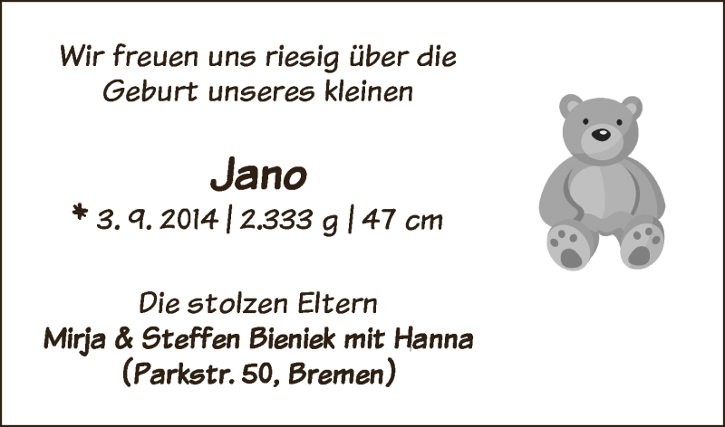 Anzeige für Jano Bieniek vom 13.09.2014 aus WESER-KURIER