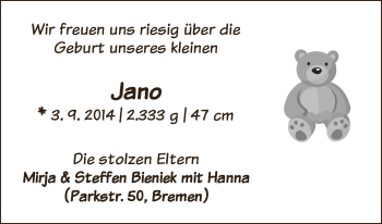 Babyanzeige von Jano Bieniek von WESER-KURIER