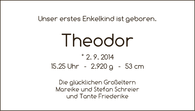 Anzeige für Theodor  vom 13.09.2014 aus WESER-KURIER