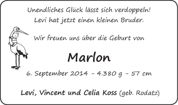 Babyanzeige von Marlon Koss von WESER-KURIER