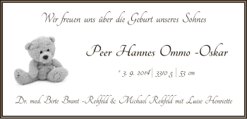 Babyanzeige von Peer Hannes Ommo-Oskar Brant-Rehfeld von WESER-KURIER