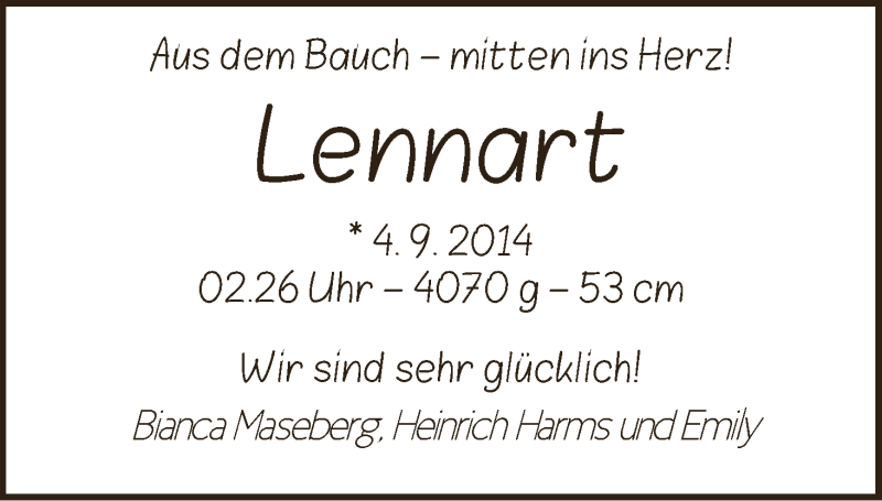 Anzeige für Lennart  vom 20.09.2014 aus WESER-KURIER