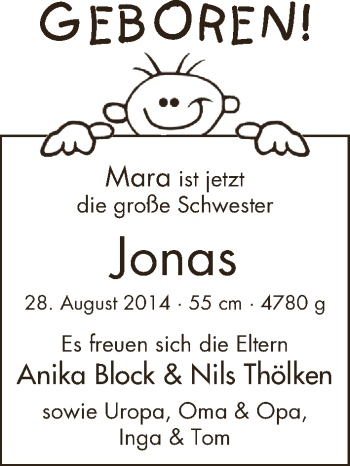 Babyanzeige von Jonas Block von WESER-KURIER