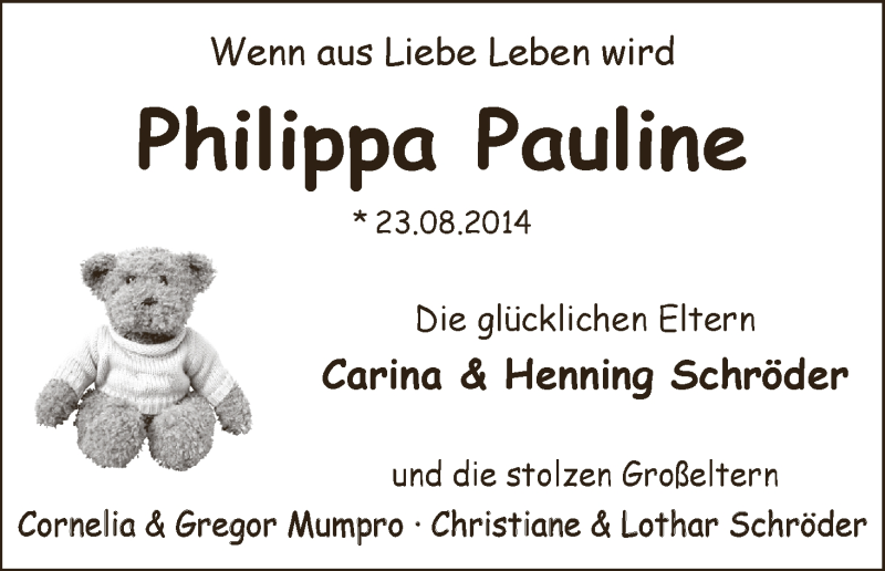 Anzeige für Phillipa Pauline Schröder vom 20.09.2014 aus WESER-KURIER