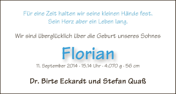 Babyanzeige von Florian Eckardt von WESER-KURIER