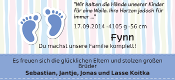 Babyanzeige von Fynn Koitka von WESER-KURIER