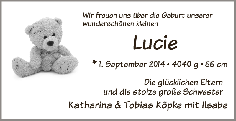 Anzeige für Lucie Köpke vom 27.09.2014 aus WESER-KURIER