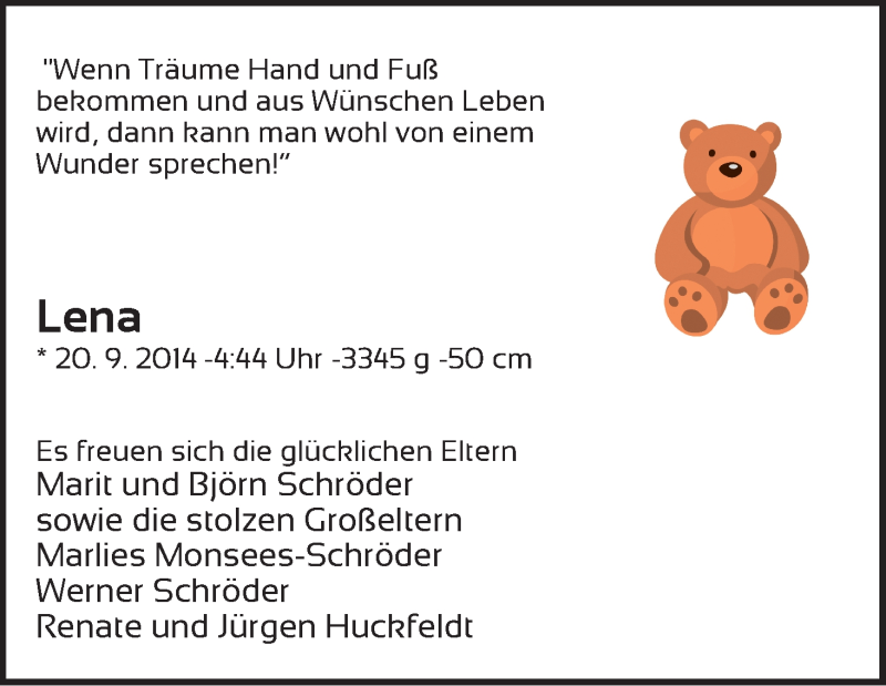 Anzeige für Lena  vom 23.09.2014 aus WESER-KURIER