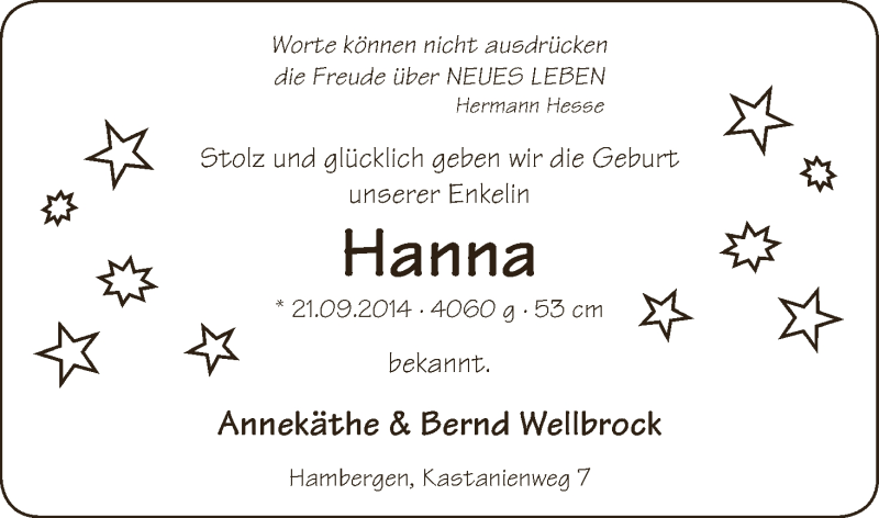 Anzeige für Hanna Wellbrock vom 27.09.2014 aus WESER-KURIER