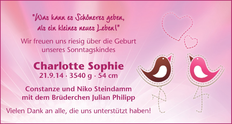 Anzeige für Charlotte Sophie  Steindamm vom 27.09.2014 aus WESER-KURIER