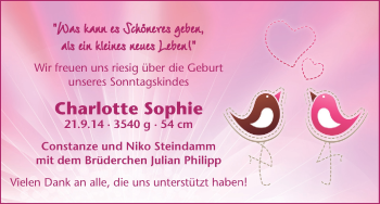 Babyanzeige von Charlotte Sophie  Steindamm von WESER-KURIER