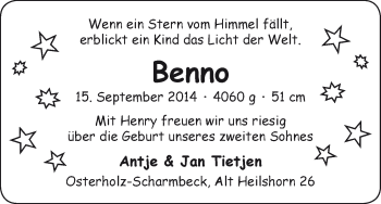 Babyanzeige von Benno Tietjen von WESER-KURIER